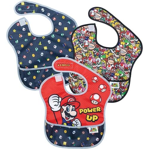 Bumkins Nintendo Bibs for Girl or Boy, SuperBib Baby and Toddler 6-24 Months, Essential Must Have for Eating, Feeding, Baby Led Weaning, Mess Saving Waterproof Soft Fabric, 3-pk Super Mario Power Up