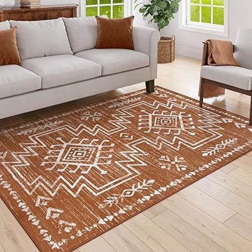 Lahome 5x7 Western Burnt Orange Rugs for Living Room, Soft Boho Washable Bedroom Area Rug, Low Pile Stain Resistant Distressed Aztec Carpet for Dining Room Office Home Decor
