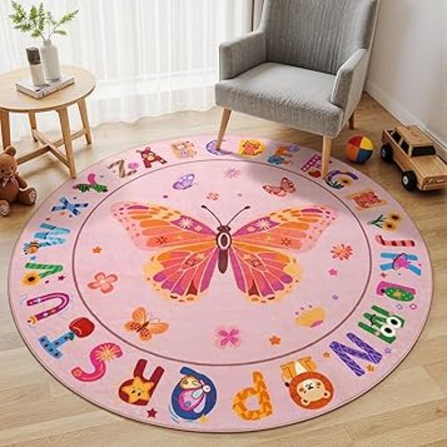 ABC Kids Alphabet Round Rug 4ft – Washable Soft Circle Nursery Rug, Non-Slip Educational Carpet with Pink Butterfly Design for Classroom, Playroom & Kids Room Decor