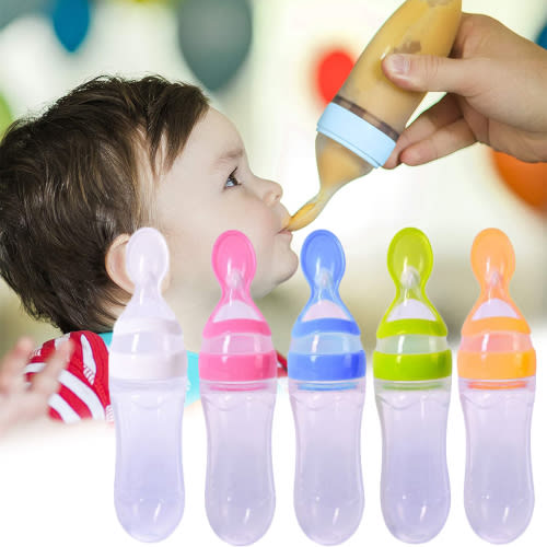 Silicone Squeeze Bottle Spoon Baby Feeding Cereal Rice Supplement with Dispensing Feeder Food Dispensing Spoon, Toddler Food Supplement- 90ml