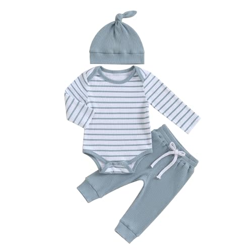 Newborn Baby Boy Girl Outfits Long Sleeve Striped Ribbed Knitted Romper Pants Hat 3Pcs Infant Fall Winter Clothes