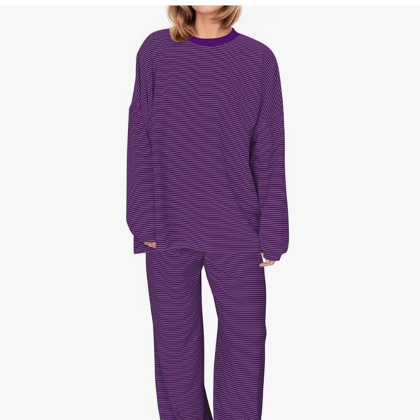 Women Striped 2 Piece Lounge Set Long Sleeve Oversized T Shirts Wide Leg Pants Matching Sets Casual Comfy Pajama Sets