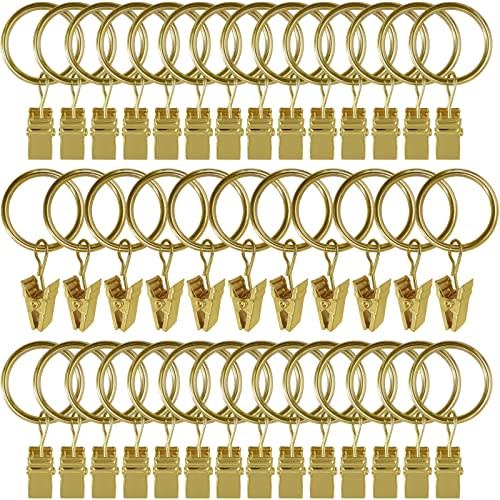 AMZSEVEN 44 Pack Metal Curtain Rings with Clips, Drapery Clips with Rings, Drapes Rings 1 in I D, Fits Diameter 6/8 in Curtain Rod, Gold Color