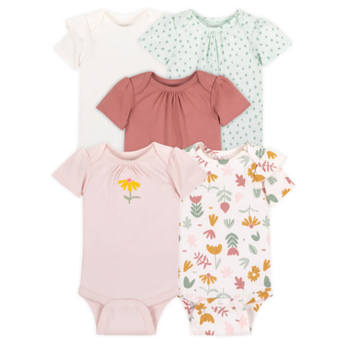 Little Star Organic Baby Girl 5Pk Short Sleeve Bodysuit, Size Newborn - 24M