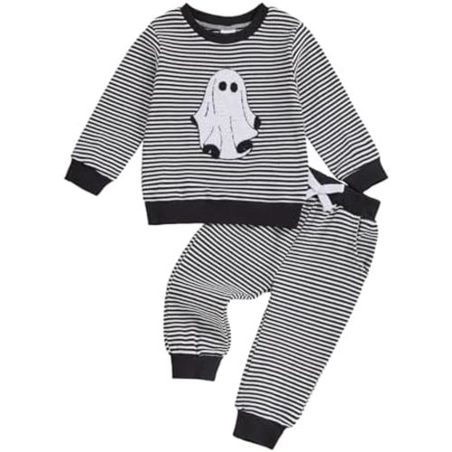 Toddler Baby Boy Halloween Outfit Pumpkin Ghost Embroidery Striped Sweatshirt Long Pants Set Fall Winter Clothes