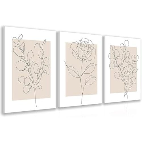 Boho Botanical Canvas Wall Art Light Pink Minimalist Line Flower Poster Prints Abstract Floral Plant Aesthetic Pictures Modern Neutral Wall Decor for Bedroom Living Room Office Framed 12"x16"x3