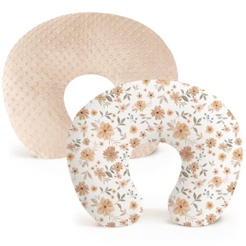 Konssy 2 Pack Nursing Pillow Covers, Soft and Comfortable Nursing Cover for Breastfeeding Pillows, Pillow Slipcover for Baby Girls Boys Newborn(Khaki, Flourish)