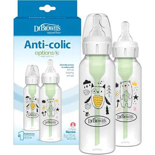 Dr. Brown's Natural Flow Anti-Colic Options+ Narrow Baby Bottle, Bear & Owl, 8 oz/250 mL, with Level 1 Slow Flow Nipple, BPA Free, 0m+, 2-Pack