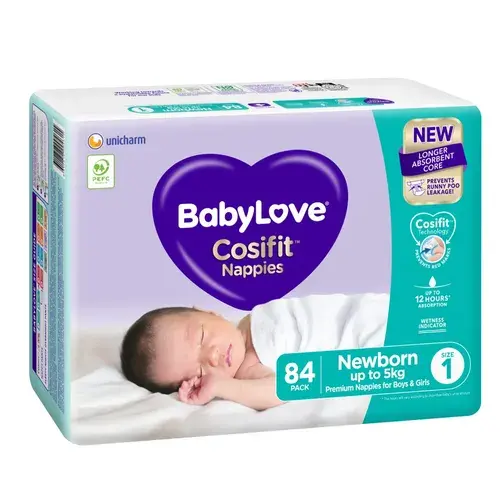 Babylove Cosifit Nappies - Jumbo Bag - Newborn - Size 1 - 84 Pack | Baby Bunting AU
