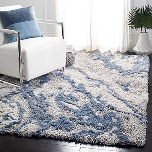 SAFAVIEH Horizon Shag Collection Area Rug - 8' x 10', Grey & Blue, Modern Abstract Design, Non-Shedding & Easy Care, 2-inch Thick Ideal for High Traffic Areas in Living Room, Bedroom (HZN890G)