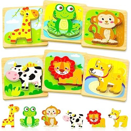 Benresive Wooden Toddler Puzzles, 6pcs Animal Montessori Toys for 1-3 Year Old Boys & Girls, Learning Educational Preschool Toys, Great Gifts for 1 2 3 Year Olds
