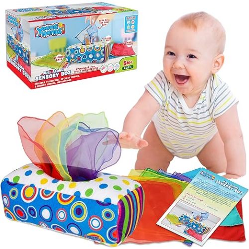Sensory Pull Along Baby Tissue Box - Montessori Toy for Babies and Toddlers Tissue Box Learning Toys for 5 Months + STEM Educational Toys for Toddler Infant Babies (Large) - Young Hands