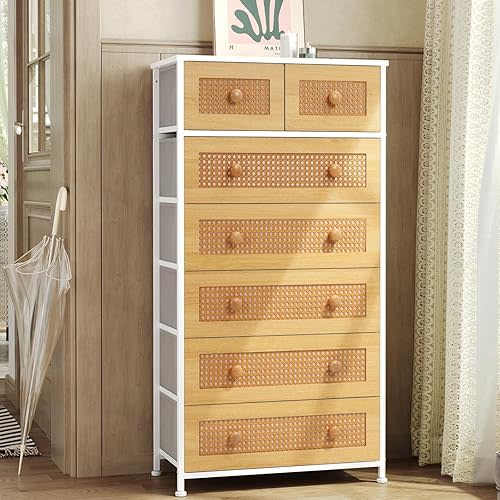 Crestlive Products Rattan Dresser Tall Storage Tower, Chests of Drawers, Easy Pull Fabric Bins, Wood Handles - Organizer Unit for Bedroom, Entryway, Closets - 7 Natural Drawers, White Top & Frame