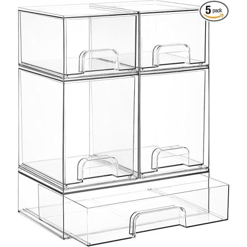 Vtopmart Stackable Storage Drawers Set of 5, Clear Plastic Organizer Bins for Baby Bottle, Beauty Supplies Storage, Ideal for Kichen Countertop, Vanity, Bathroom, Cabinet, Pantry Organization