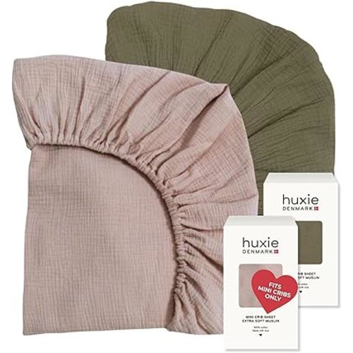 24 x 38 Mini Crib Sheets - Organic Cotton Muslin Fitted Crib Sheet Fitted for Pack and Play - Ultra-Soft and Breathable Crib Sheets for Boys and Girls (Blush/Sage Green)