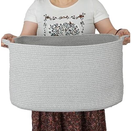 Large Rectangle Blankets Basket Living Room 22"x17"x12" Woven Cotton Rope Storage Baskets for Nursery Toy Baskets for Kids and Dogs Laundry Basket Bin for Clothes Towels grey