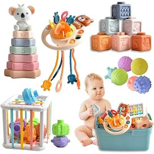 Baby Toys for 6 to 12 Months(27PCS),Montessori Sensory Toy for Toddlers 1-3, Baby Bath Toy, 6 in 1 Soft Stacking Blocks Set, Pull String Toy, Infant Learning Toys Gift