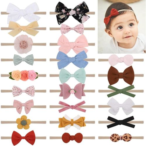 doboi Baby Girl Headbands 24PCS Nylon Linen Handmade Hairbands with Hair Bows and Accessories for Newborns, Infants, Toddlers, and Little Kids