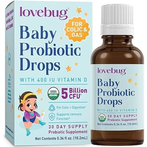 Lovebug Award Winning USDA Organic Probiotic for Infants & Babies | Helps with Colic, Reflux, Diarrhea, Constipation & Gas | Multi-Strain 5 Billion CFU | Liquid Drops | Ages 0-24 Months