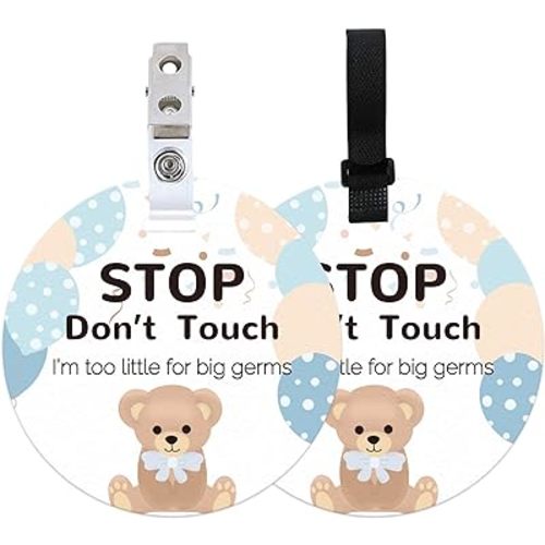 ORIGACH 2 Pack Bear No Touching Baby Signs, Stop Do Not Touch Baby Car Seat Sign Stroller Tags with Hanging Strap and Clip, No Touching Baby Sign for Newborn Baby Boy Girl