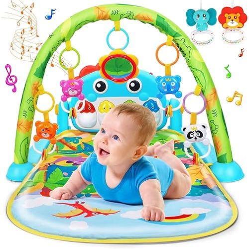 UMIKU Baby Gym Play Mats Baby Tummy Time Mat Musical Activity Center for Newborn Infant Piano Babies Play Mat Music & Light Newborn Infant Gifts for Babies 0-3 6 9 12 Months Dinosaur Style