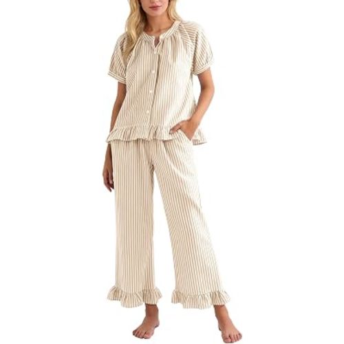 Flygo Womens Striped Pajama Sets 2 Piece Cotton Pjs Lounge Set Ruffle Button Down Tops Long Pants Soft Sleepwear with Pockets