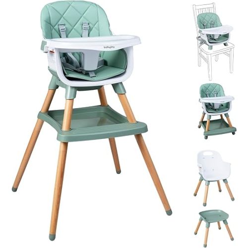 BABY JOY 8-in-1 High Chair, Convertible Wooden Highchairs for Babies and Toddlers | Dining Booster Seat | Toddler Stool, Double Removable Tray, 5-Point Safety Harness & Waterproof PU Cushion (Green)