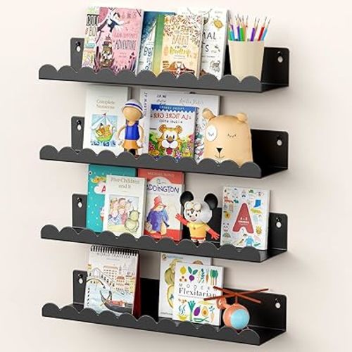 Nursery Book Shelves, 17 Inch Black Metal Floating Shelves for Wall 4 Pack, Wall Mounted Book Shelf for Kids Room, Bedroom, Bathroom, Playroom Decor
