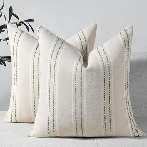 Hckot Decorative Pillow Covers 18x18 Striped Throw Pillows Textured Linen Pillow Covers Farmhouse Decor Cushion Covers for Couch Bed Living Room,Greyish Green