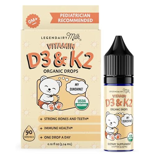 Legendairy Milk Vitamin D Drops for Infants, Organic Baby Vitamin D3 K2 Liquid 400 IU, Vegan for Newborns Toddlers & Kids, Childrens Supplement for Strong Bones & Teeth, Sugar Free, 90 Servings