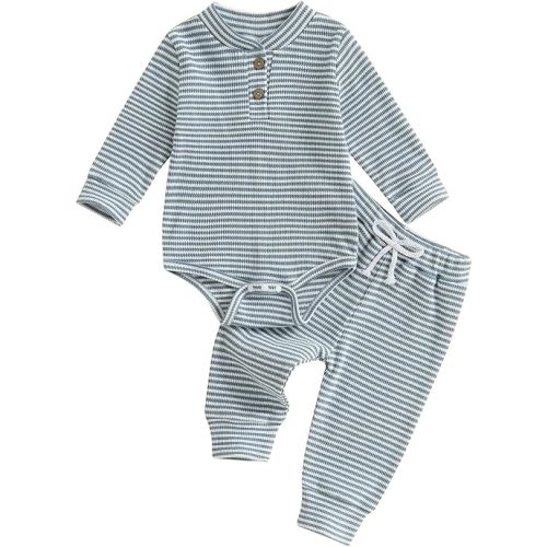 Newborn Baby Boy Girl Clothes Striped Waffle Knit Long Sleeve Romper Long Pants Set Infant 2Pcs Fall Winter Outfit