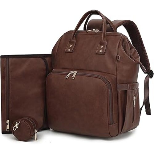 Lightweight Vegan Leather Diaper Bag Backpack with Waterproof Changing Pad – Reinforced Stitching & Zippers, Baby Bag for Boy Girl, Stroller Straps, Fits 15.6" Laptop for Work Moms, Dark Brown