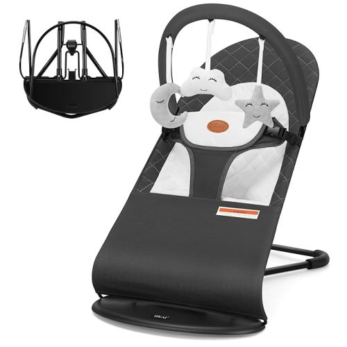 HKAI Baby Bouncer, Portable Baby Bouncer Seat for Babies 0-18 Months, 100% Cotton Fabrics, 3 Modes of use with Rocker and Stationary Options, Infant Rocker Chair with Hanging Toys-Dark Grey - Dark grey