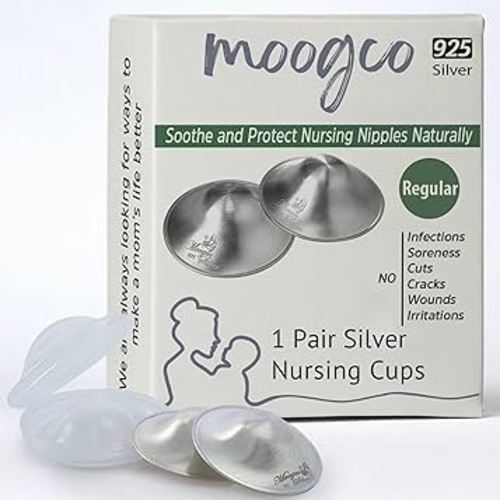MOOGCO The Original Silver Nursing Cups - 925k Silver Nipple Cups - Nipple Shields for Breastfeeding Newborn – Protective Silver Nipple Covers for Nursing Moms (925k Regular)