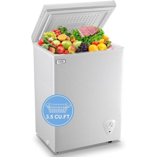 Chest Freezer Small Deep Freezer 3.5 Cu.Ft Mini White Free-Standing Top Door Freezer Adjustable 7 Thermostat and Removable Basket Open Deep Freezer Energy Saving Apartment Kitchen Business