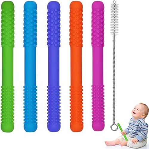 Hollow Teething Tubes Toys for Babies Girls Boys, 5 Pack Silicone Baby Teether Toy Tube for Infants with Nursing Biting Chewing, Chew Straws for Toddlers 6-12 Months (Style A)