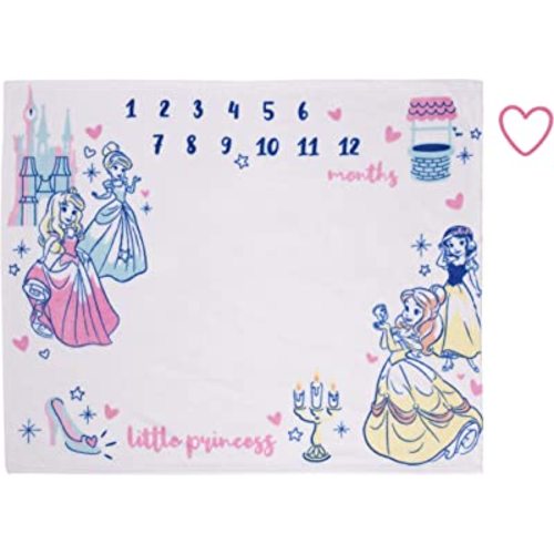 Disney Princess Pink, Aqua, Yellow & White Super Soft Milestone Baby Blanket, Pink, Aqua, Yellow, White