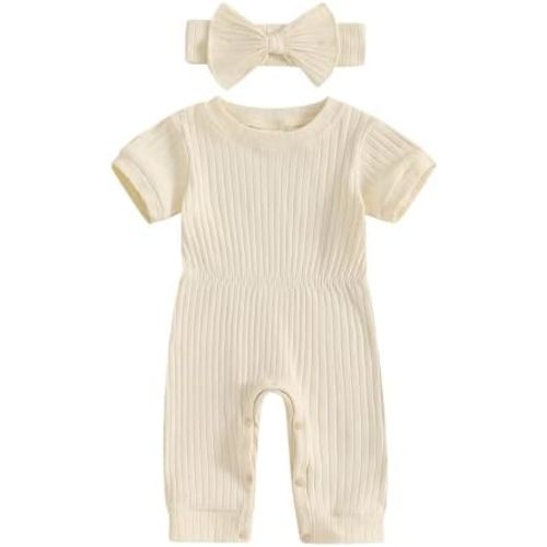 Ledy Champswiin Newborn Girl Summer Clothes Baby Short Sleeve Romper Solid Ribbed Jumpsuit with Headband Infant Outfit