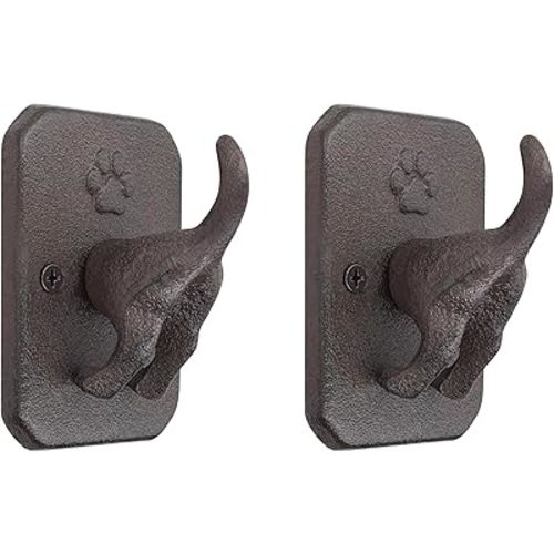 Cast Iron Dog Tail Wall Hooks - Heavy Duty Rustic Dog Leash Holder, Wall Mount Coat Hook for Hanging Key Towel Collar, Decorative Puppy Butt Paw Hanger for Farmhouse Entryway Mudroom, 2 Pack