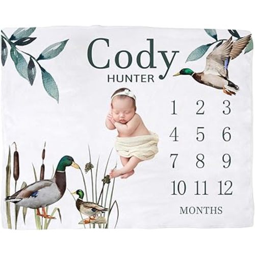 Personalized Baby Milestone Blanket for Boys, Custom Newborn Baby Boy Blanket with Name, Wild Duck Baby Milestone Monthly Blanket for Shower Gift, Monthly Baby Milestone Blanket