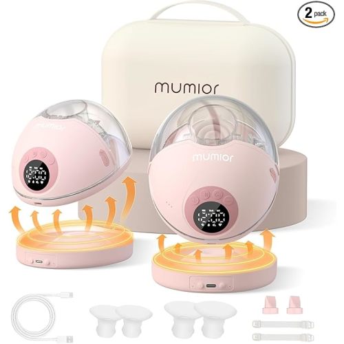 Heated Base Hands Free Breast Pump, Wearable Breastfeeding Pump of Baby Heated Dustproof Base, Voice Prompts LED Display with 4 Modes &12 Levels Memory Function-24 mm, Christmas Gift,2 Pack Pink
