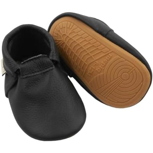 Infant Baby Moccasins with Rubber Sole - Soft Leather Anti Slip Crib Walking Baby Shoes Brown