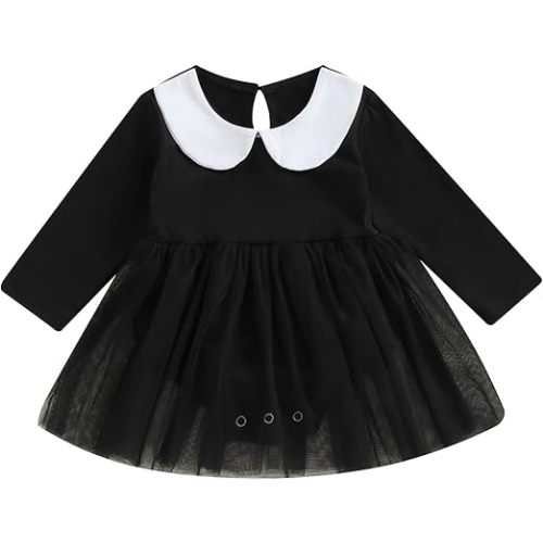Muasaaluxi Newborn Baby Girl Halloween Outfit Long Sleeve Doll Collar Romper Tutu Dress Black Bodysuit Halloween Dress 0-24M