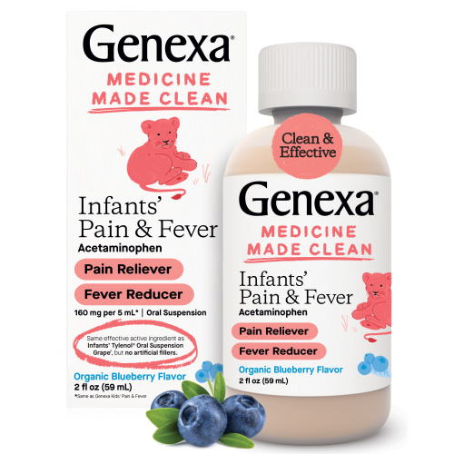 Genexa Infants’ Pain and Fever Reducer | Baby Acetaminophen, Dye Free, Liquid Oral Suspension Medicine for Infant | Delicious Organic Blueberry Flavor | 160 mg per 5mL | 2 Fluid Ounces