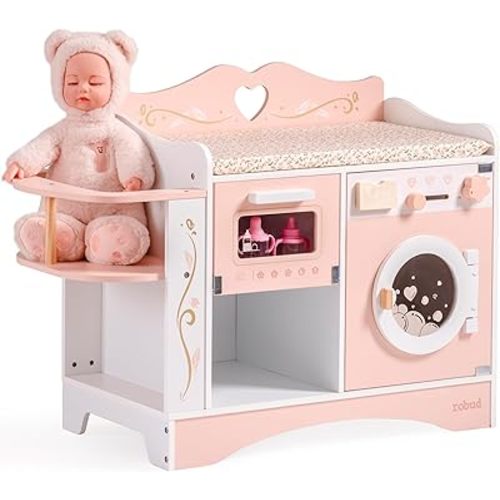ROBUD Baby Doll Crib, Pink Baby Doll Beds, Wooden Doll Changing Station with Seat, Bottle Sterilizer, Washing Machine and Storage, Doll Accessories of Toy Crib to Kids, WDH20