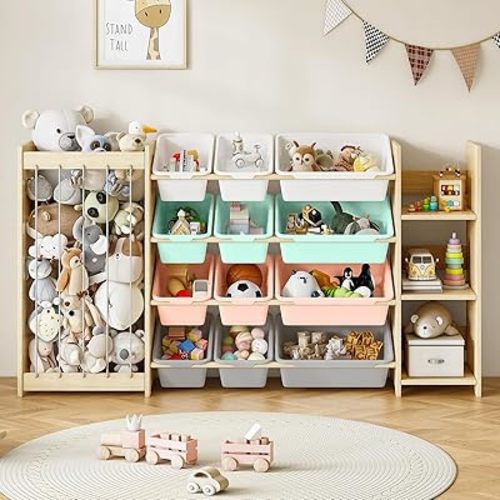 EXPERLAM 3-in-1 Toy Storage Organizer, Stuffed Animal Holder & 3-Tier Bookcase, Solid Wood Toy Organizer with 12 Storage Bins, Space-Saving Toy & Book Shelf for Kids Rooms, Bedroom, Playroom, Multi