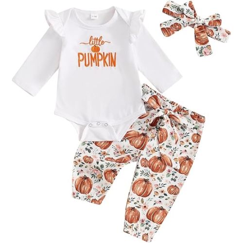 Newborn Baby Girl Halloween Outfit Ruffle Sleeve Pumpkin Face Romper Long Pants Headband 3 Piece Frist Fall Clothes