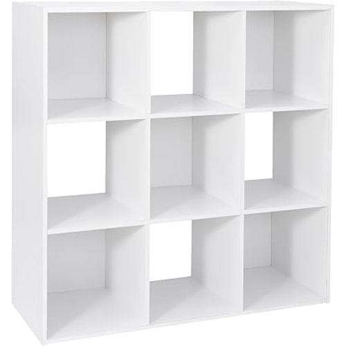 9 Cube Storage Organizer Wooden Display Shelf W/ 5 Removable Back Panels, Customizable Bookcase Bookshelf for Home, Office, Bedroom and Living Room (White)
