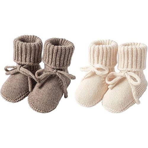 Baby Booties Knit Wool Warm Soft Socks Shoes for Newborn to Walking Cozy First Walkers for Infant Boy Girl 2 Pairs