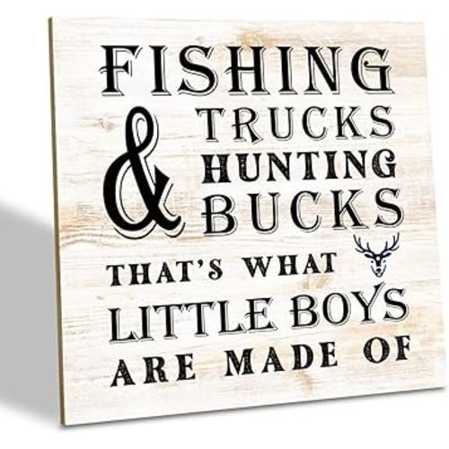 Nursery Decor, Wood Plaque Table Art Sign 6.2*6.2inch, Nursery Table Decor for Baby Boys Toddlers, Desk Decor Art, Sportsman Wood Sign, Fishing Trucks Hunting Bucks That's What Little Boys are Made Of